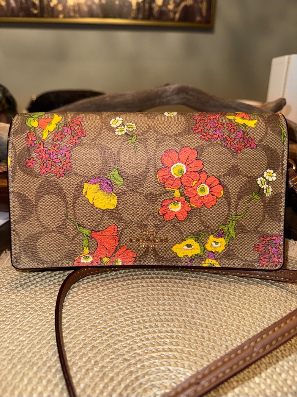 Coach Ana Brown Signature Floral Crossbody Wallet on Strap